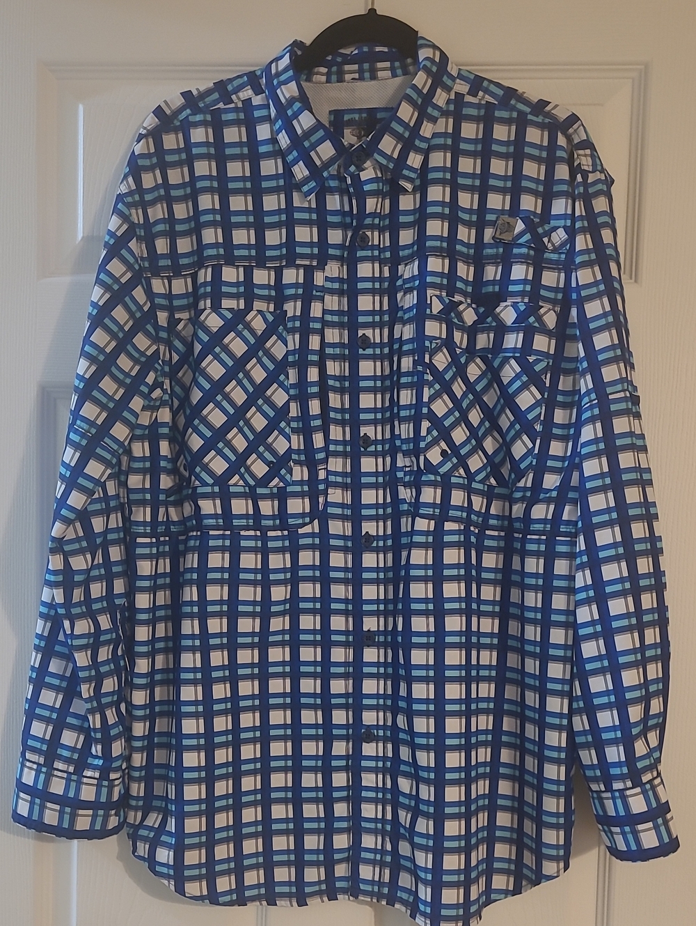 Reel Legends Blue and White Plaid Button Down Fishing Shirt